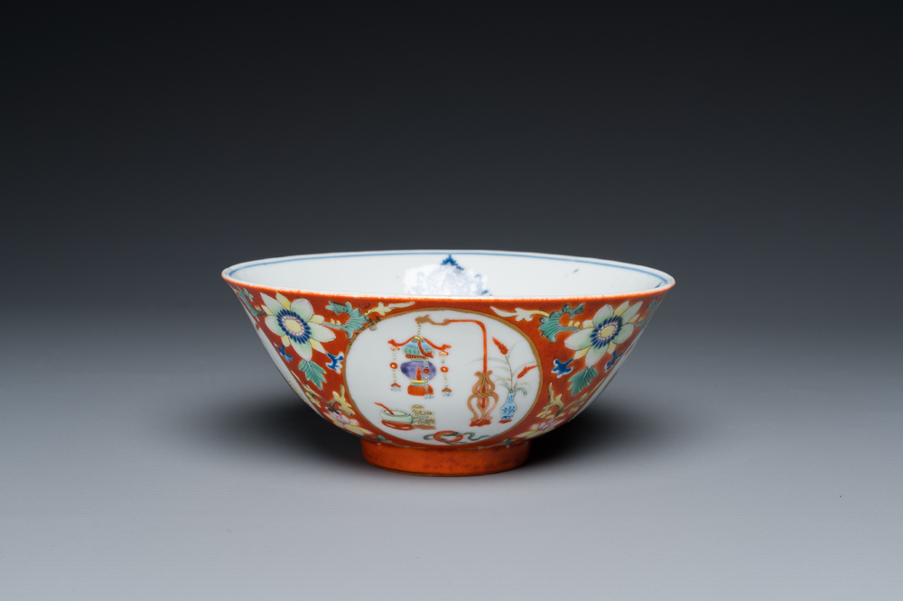 A Chinese famille rose coral-ground bowl, Yongzheng mark, Republic