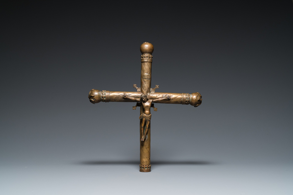 A brass processional cross with corpus, France, 15th C.