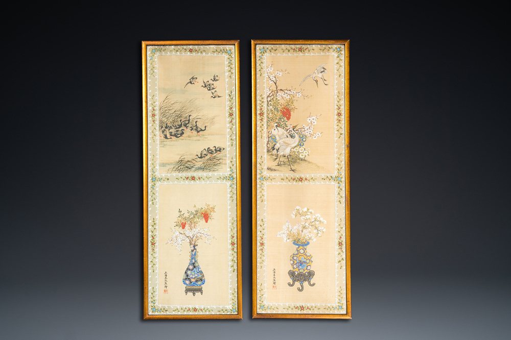 Wang Chengxun 王承勳 (19/20&egrave;me): 'Oiseaux et vases fleuris', encre et couleurs sur soie, R&eacute;publique
