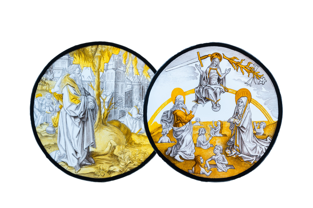 Two painted glass roundels depicting 'The Last Judgment' &amp; 'Abraham sees Sodom in flames', Southern Netherlands, probably 19th C.