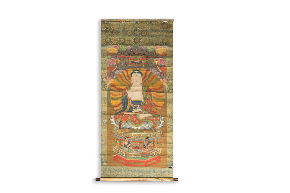 Chinese school: 'Boeddha op lotustroon', inkt en kleur op papier, 18e eeuw