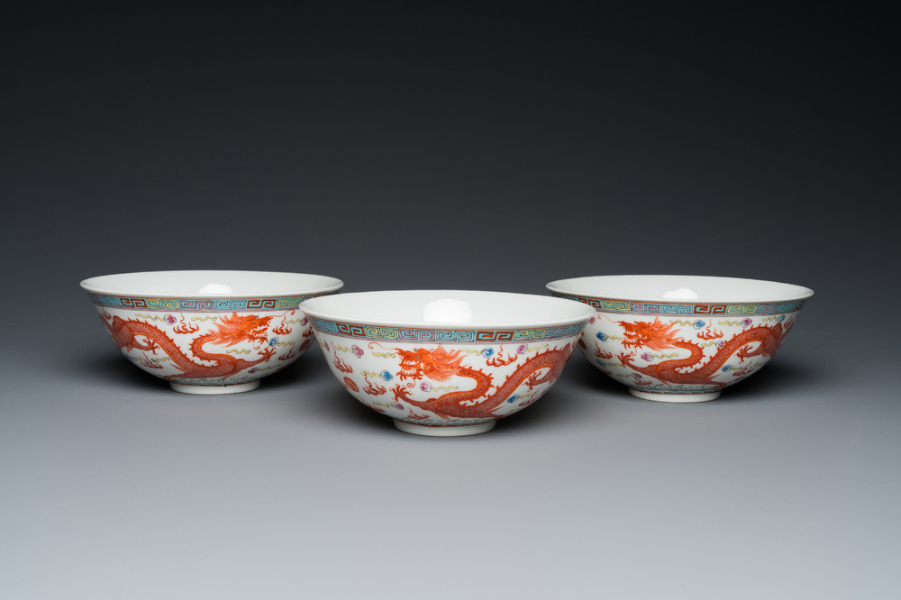 Three Chinese famille rose 'dragon' bowls, Qianlong mark, 19/20th C.