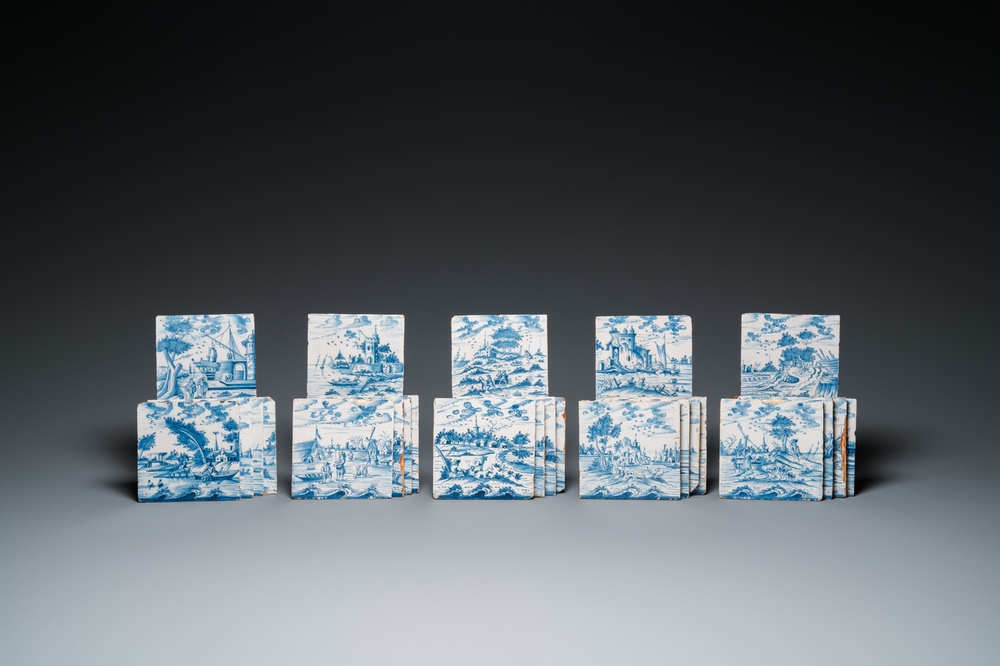 25 blue and white Dutch Delft tiles with continuous landscape scenes, 18th C.