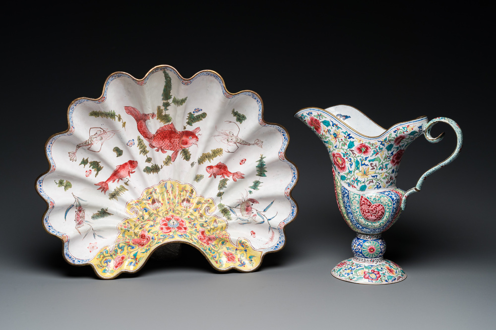 A Chinese Canton enamel shell-shaped basin and a helmet-shaped ewer, Qianlong