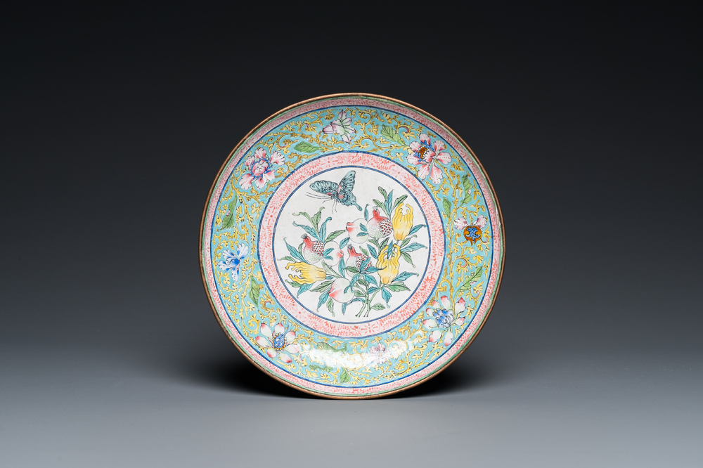 A Chinese Canton enamel 'sanduo' dish, Qianlong