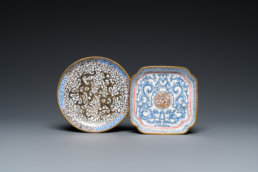 Two Chinese Canton enamel 'dragon' saucers, Qianlong/Jiaqing