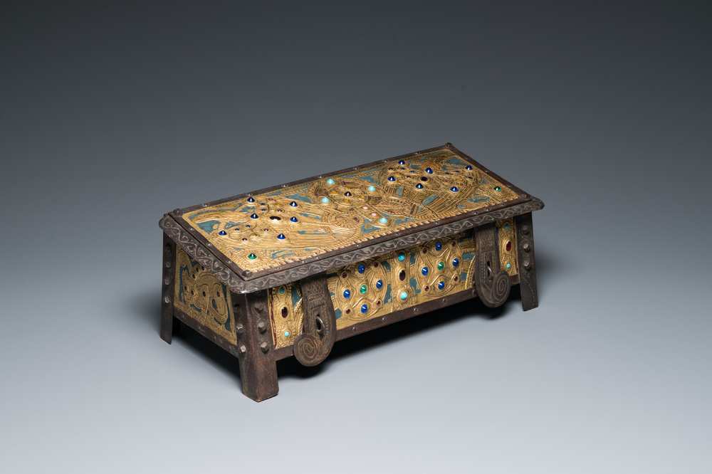 Alfred Daguet (Paris, 1875-1942): A Gothic revival repouss&eacute; brass and copper-mounted metal box with glass cabochons, ca. 1900