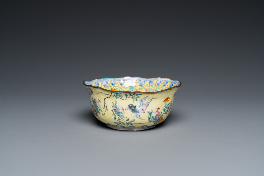 A Chinese yellow-ground Canton enamel bowl, Yongzheng/Qianlong