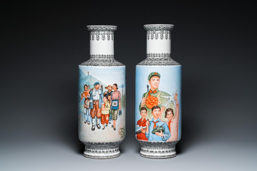 Two Chinese rouleau vases with Cultural Revolution design, signed Zhang Jian 章鑒 and dated 1968 and 1972