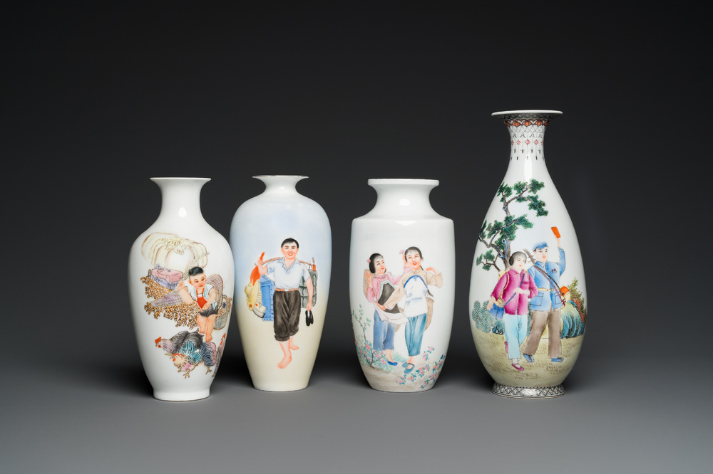 Quatre vases en porcelaine de Chine &agrave; d&eacute;cor de la R&eacute;volution Culturelle, sign&eacute;s Zhang Jian 章鑑, Chen Yifang 陳義芳 et Zhang Wenchao 章文超, '72, '73 et '75