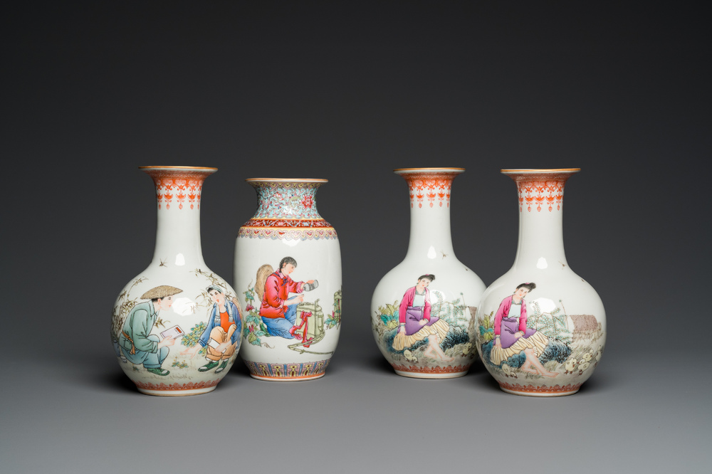 Four Chinese Cultural Revolution vases depicting farmers and children, Zhong Guo Jing De Zhen Zhi 中國景德鎮製 mark, 20th C.