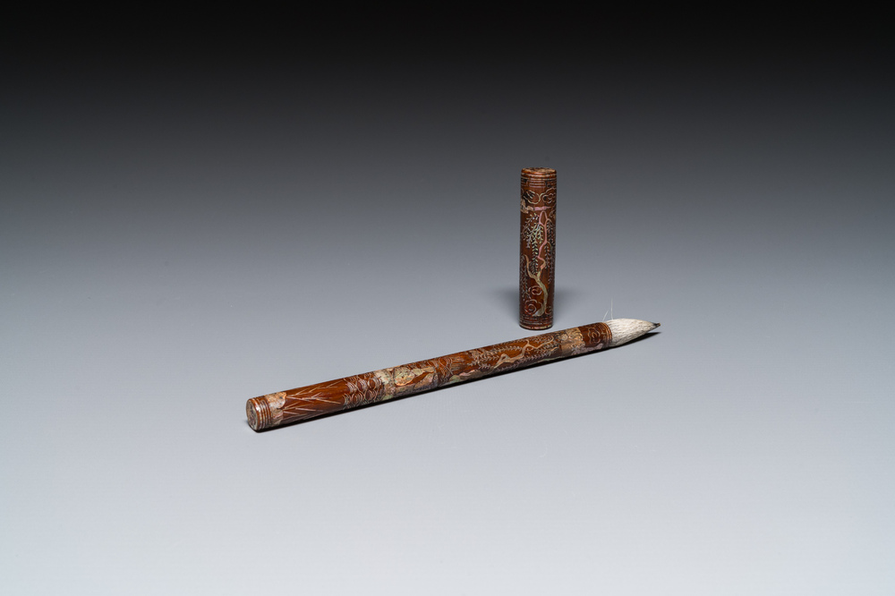 A Chinese mother-of-pearl-inlaid brown lacquer brush, Ming