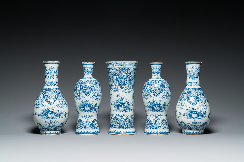 A fine Dutch Delft blue and white five-piece garniture, 1st quarter 18th C.