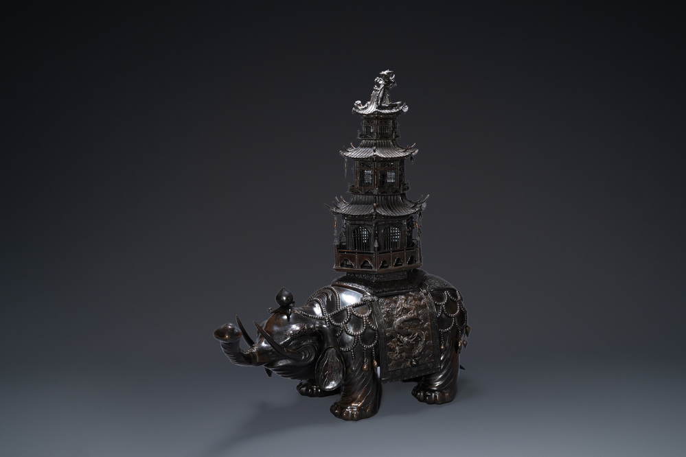 A monumental Japanese bronze 'koro' or censer in the shape of an elephant carrying a watchtower, Edo/Meiji, 19th C.