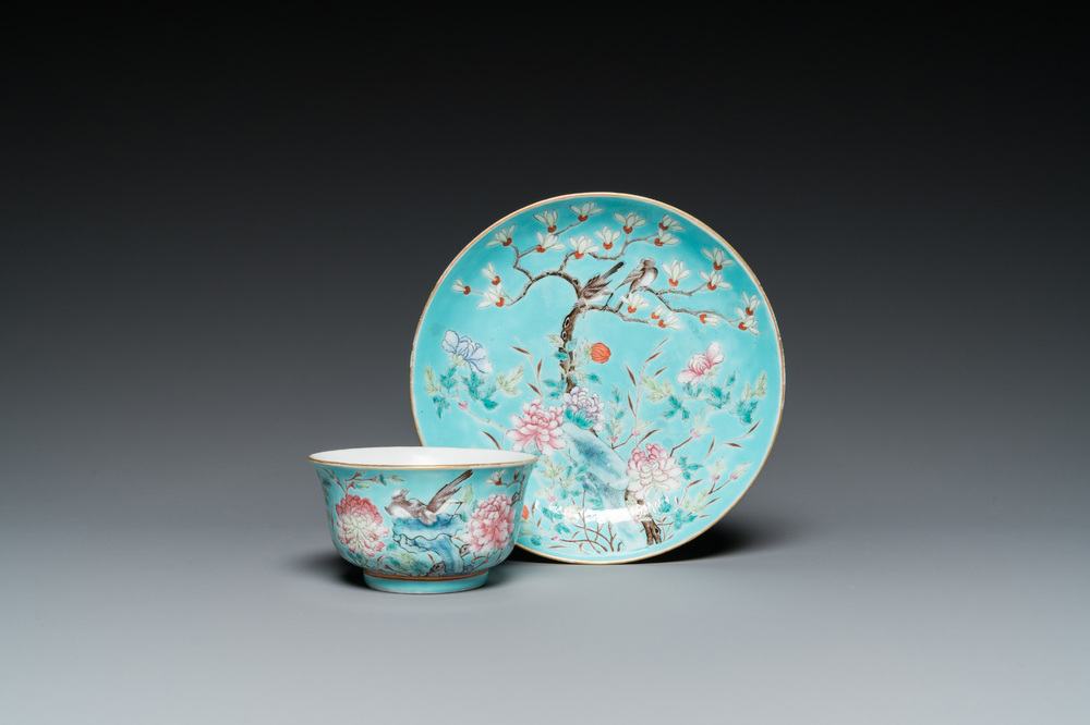 A Chinese turquoise-ground famille rose bowl and matching plate, Guangxu mark and of the period