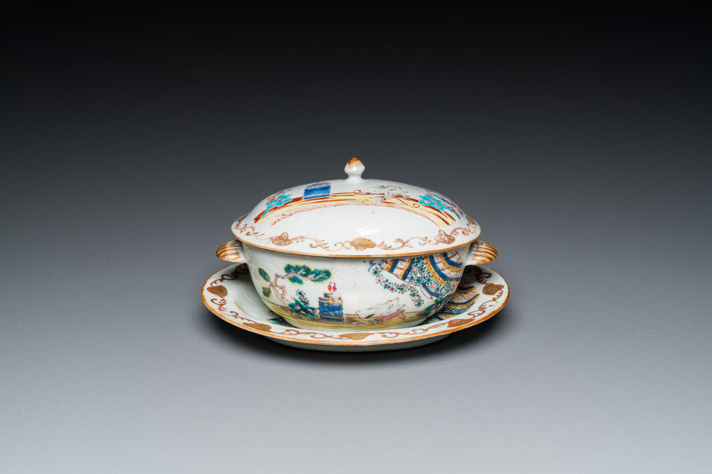 A Chinese famille rose 'Valentine's dove' tureen and cover on stand, Qianlong