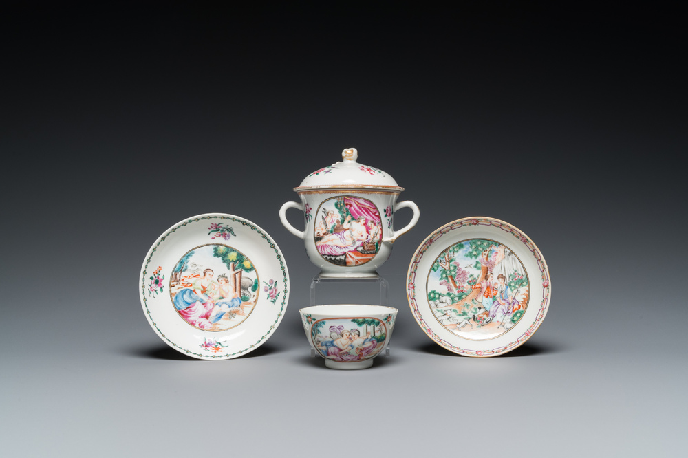 Quatre pi&egrave;ces en porcelaine de Chine famille rose aux sujets mythologiques et romantiques, Qianlong