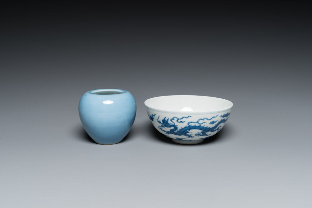 A Chinese blue and white 'dragon' bowl and a lavender-blue-glazed brushwasher, Qianlong mark, 19/20th C.