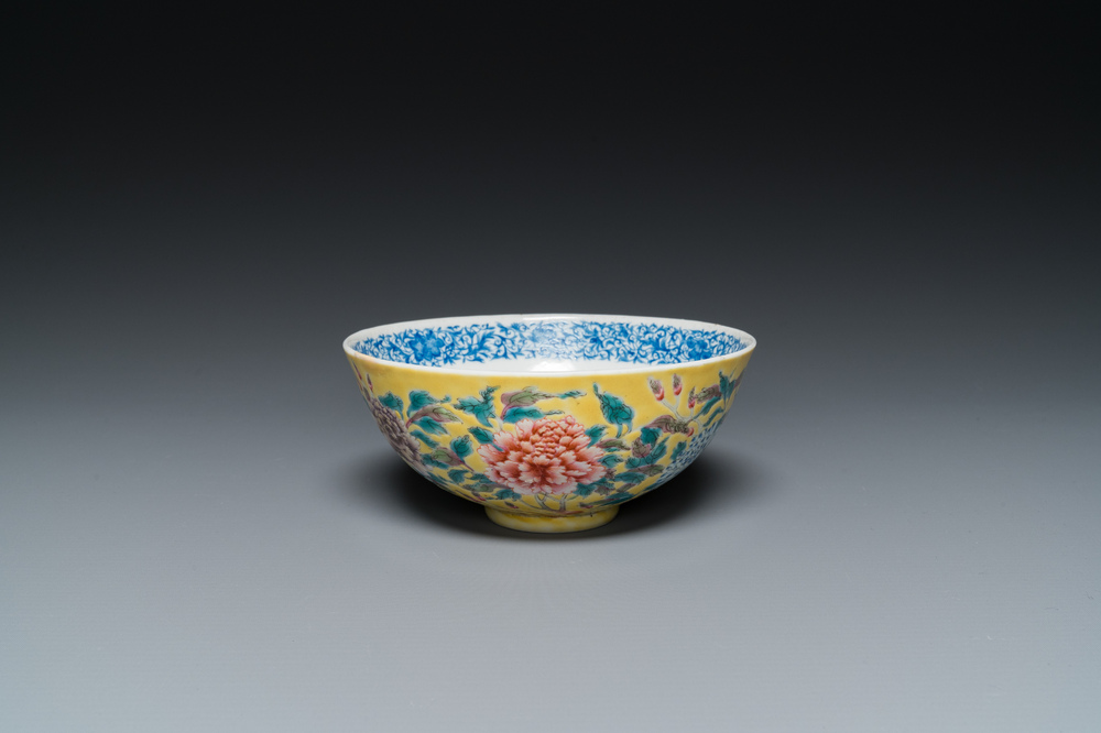 A Chinese famille rose yellow-ground bowl with floral design, Yongzheng mark but probably later