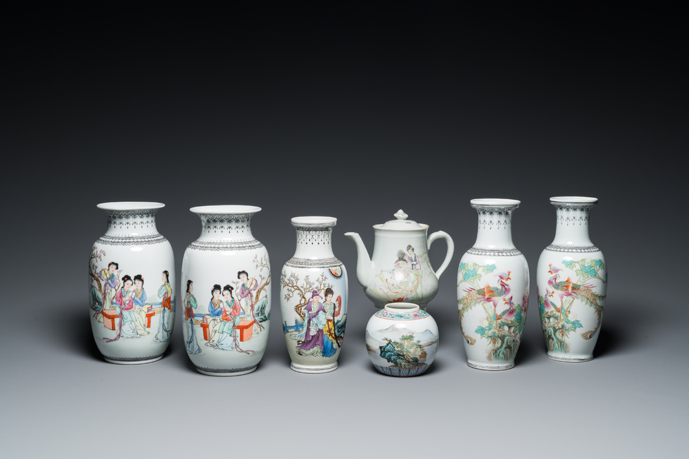 Six Chinese famille rose vases and a covered teapot, 20th C.