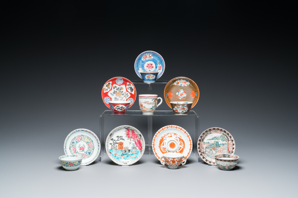 Seven Chinese famille rose cups and seven saucers, Yongzheng/Qianlong