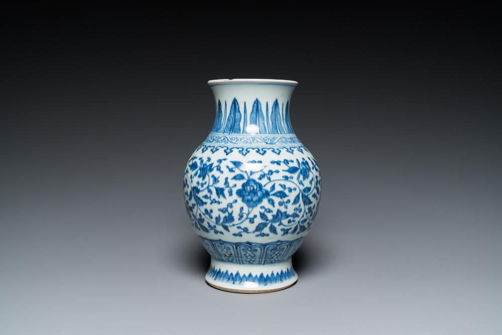 A Chinese blue and white Ming-style 'lotus scroll' vase, Qianlong