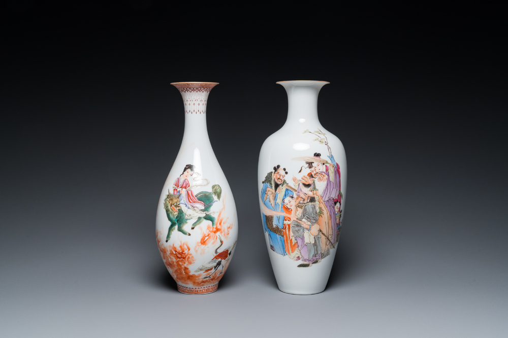 Deux vases en porcelaine de Chine famille rose, marques de Cao Mulin 曹木林 et Wang Bu 王步, un dat&eacute; 1980