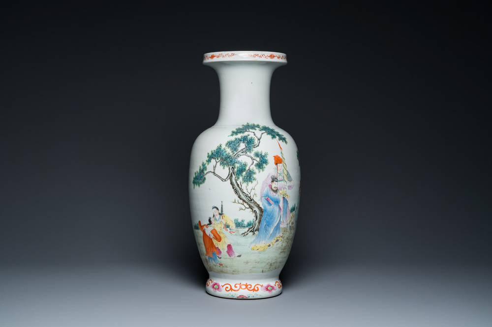 A Chinese famille rose 'narrative subject' vase, Qianlong mark, 19/20th C.