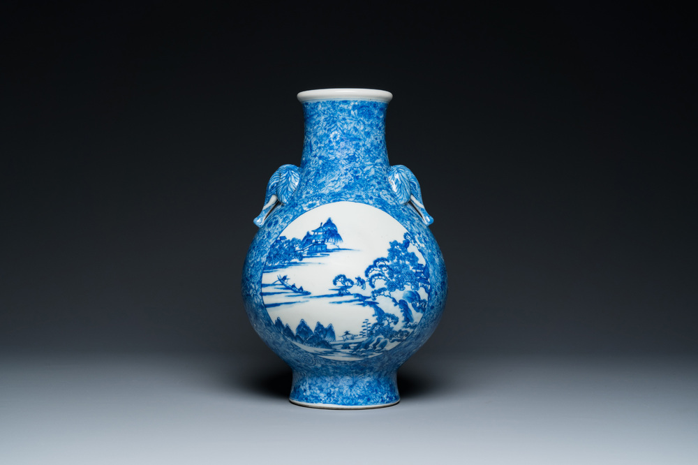 A Chinese blue and white 'hu' vase with elephant head handles, Qianlong mark, Republic