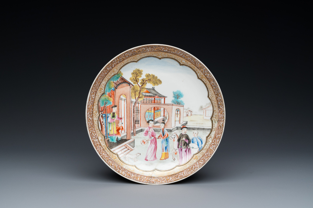 A Chinese famille rose semi-eggshell mandarin subject plate, Qianlong