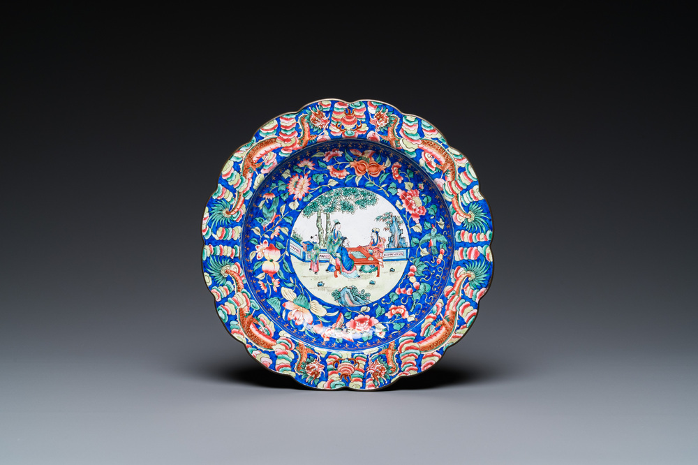 A Chinese Canton enamel 'scholars' dish, Qianlong/Jiaqing