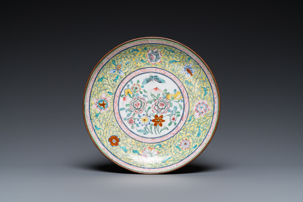 A Chinese Canton enamel 'sanduo' plate, Qianlong