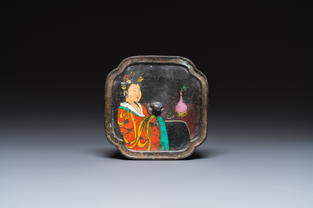 A Chinese bronze mirror with painted portrait of a lady, Tang