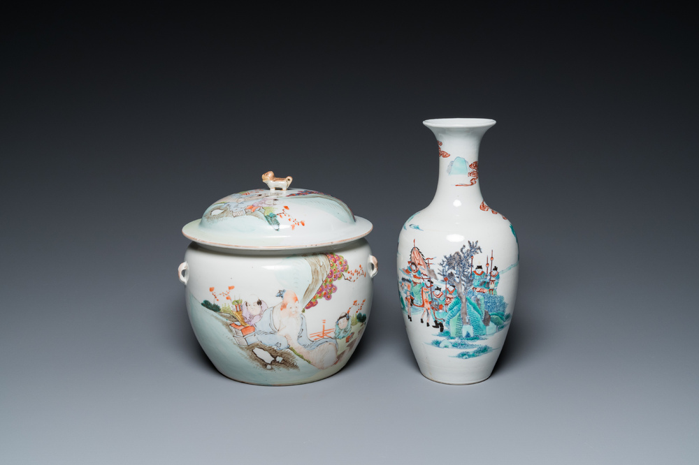 A Chinese doucai vase and a qianjiang cai bowl and cover, 19/20th C.