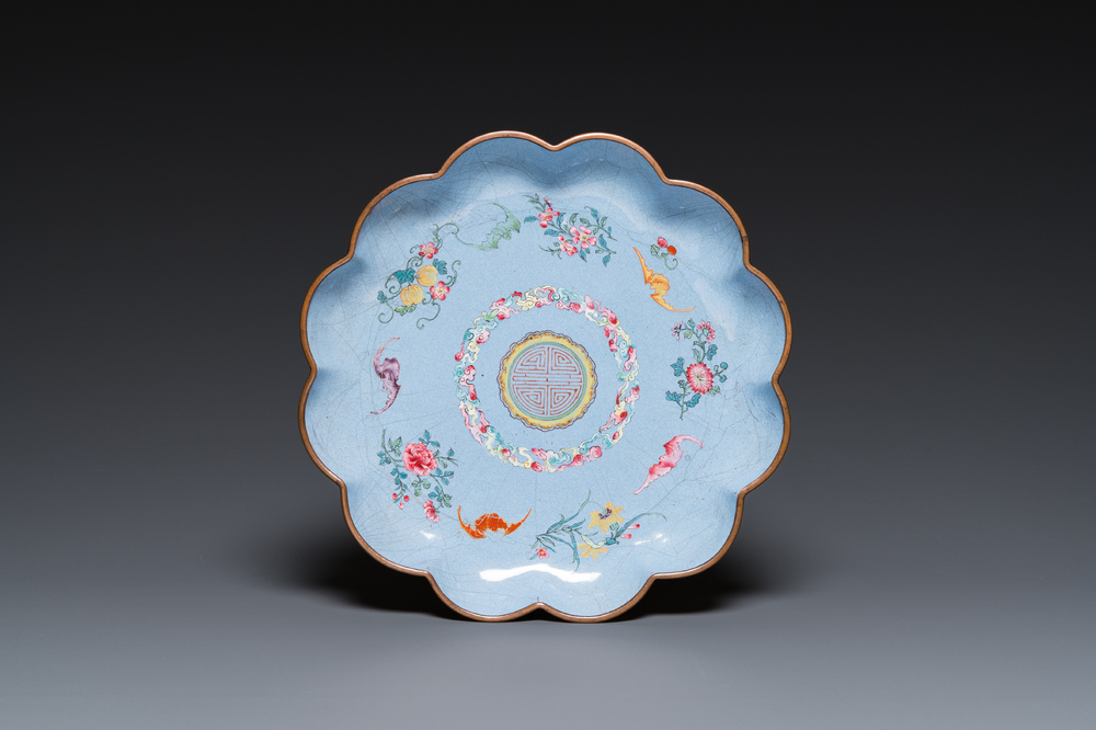 A Chinese lavender blue-ground Beijing or Canton enamel 'Shou' dish, Wan Yan Tang Zhi 萬延堂製 mark, 18/19th C.