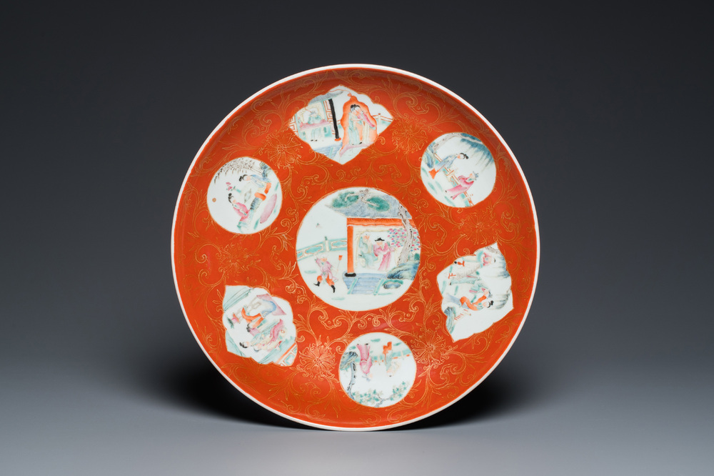 A Chinese famille rose coral red-ground 'Xi Xiang Ji' dish, Qianlong mark, 19/20th C.