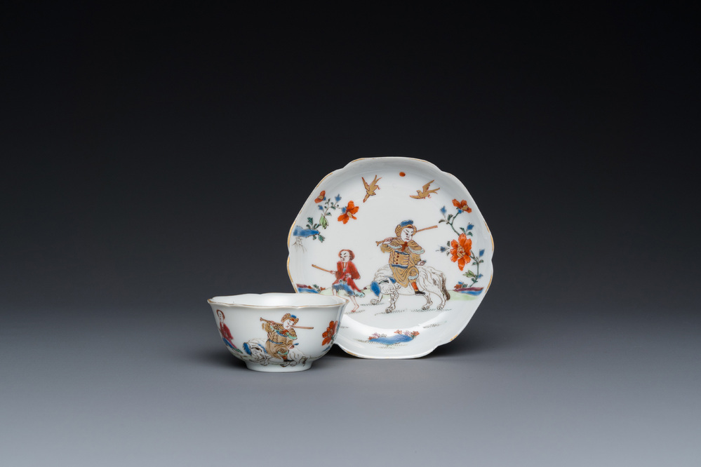 A Chinese famille rose 'elephant rider' cup and saucer, Yongzheng