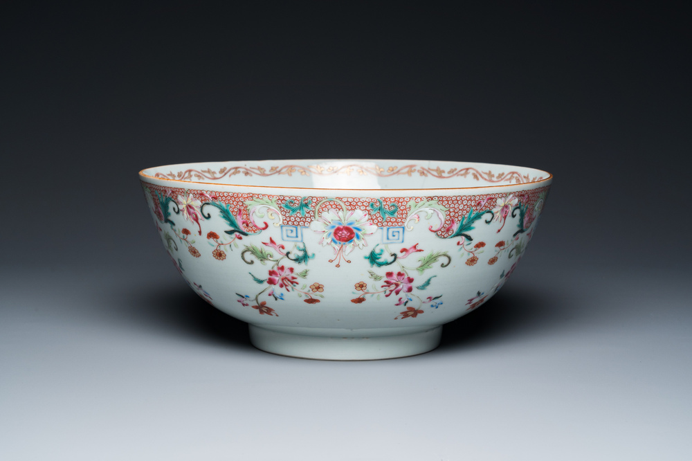 A Chinese famille rose punch bowl with floral design, Qianlong