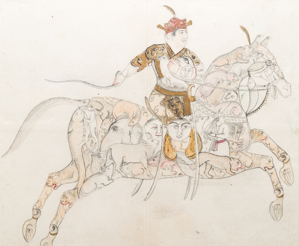 Ecole indienne, miniature: 'Guerrier sur cheval contenant des animaux et des t&ecirc;tes humaines'