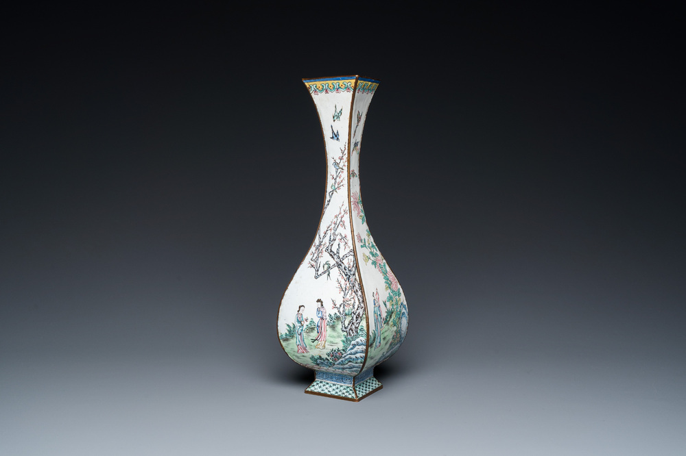 A Chinese lozenge-shaped Canton enamel 'Four gentlemen' vase, Qianlong mark and of the period