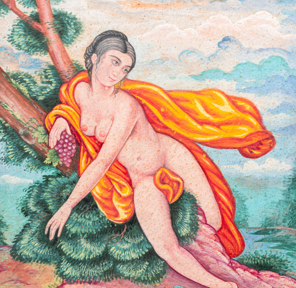 Ecole qajare, miniature: 'Portrait all&eacute;gorique d'une femme nue repr&eacute;sentant la fertilit&eacute;'