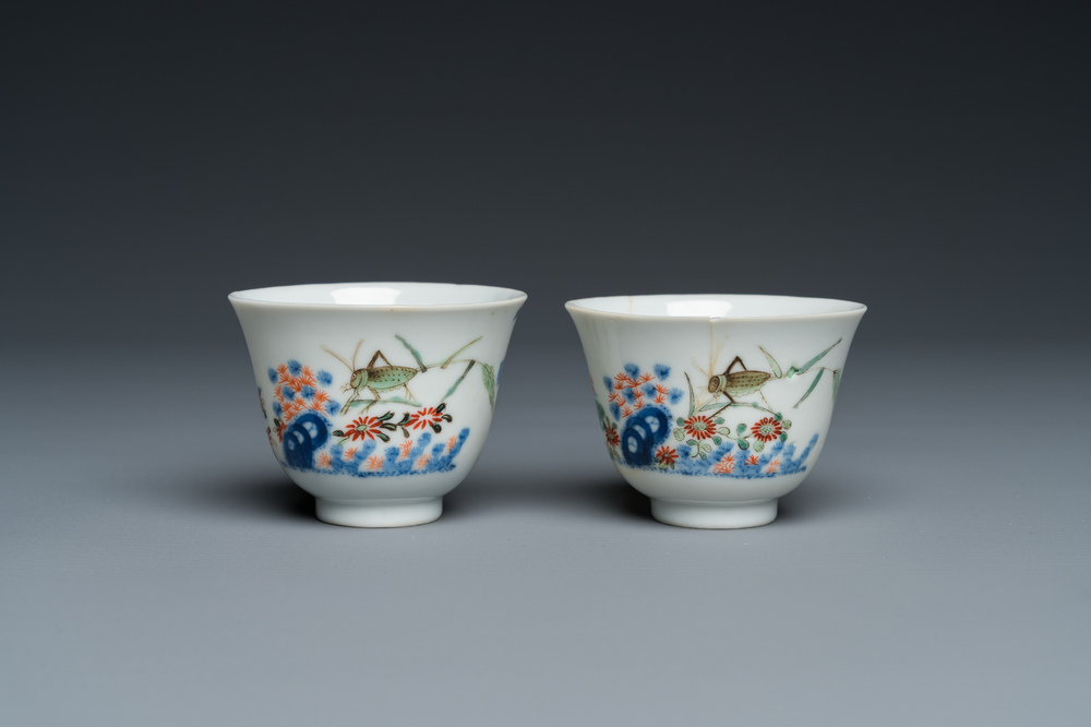 A pair of Chinese famille verte 'grasshopper' teacups, Kangxi mark but probably later