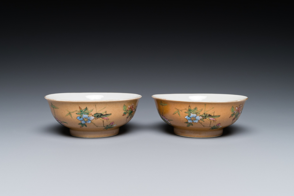 A pair of Chinese caf&eacute;-au-lait-ground famille rose 'grasshopper' bowls, Daoguang mark and of the period