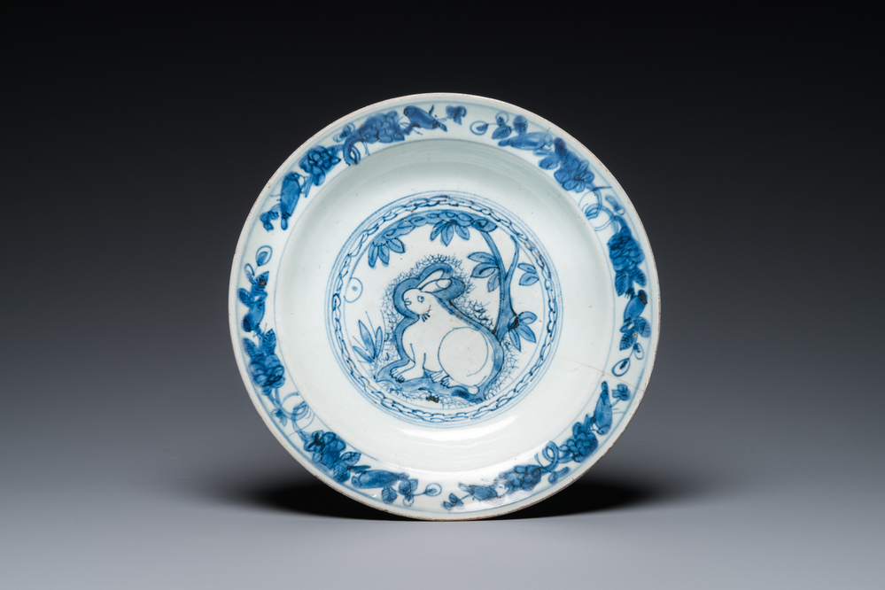 A Chinese blue and white 'hare' dish, Jiajing