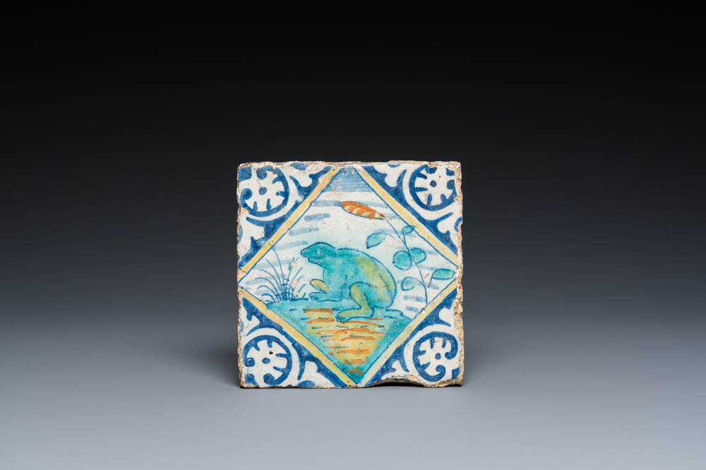 A polychrome maiolica tile with a frog, Antwerp or Middelburg, late 16th C.