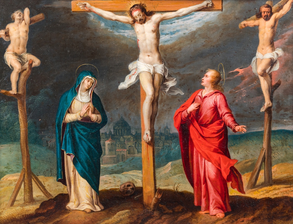 Antwerp school, 16th C.: 'Crucifixion of Christ', oil on copper