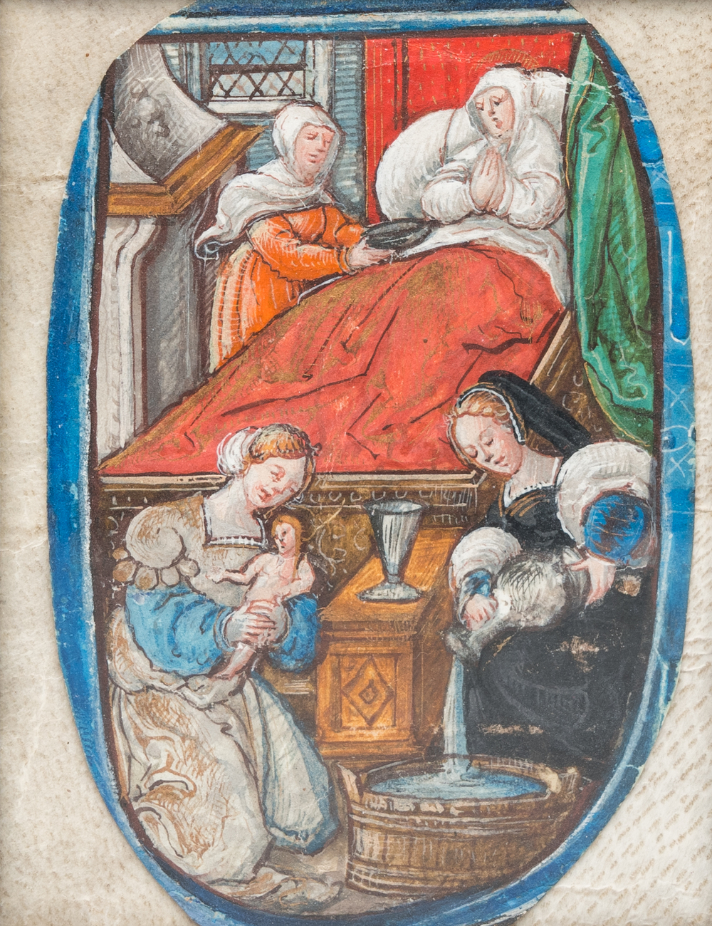 Miniatuur op papier: 'Geboorte van de maagd', deel van een gehistorieerde initiaal uit een verlucht manuscript, 15e eeuw