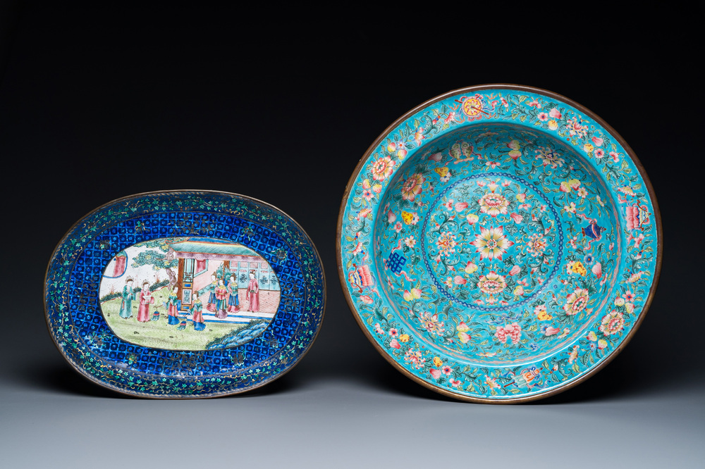 A Chinese Canton enamel turquoise-ground basin and a blue-ground dish, 18/19th C.