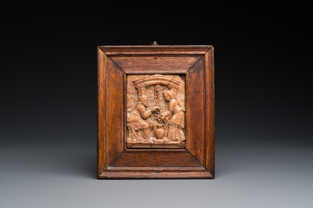 Een Mechels albasten reli&euml;f met Christus en de Samaritaanse vrouw bij de bron, begin 17e eeuw