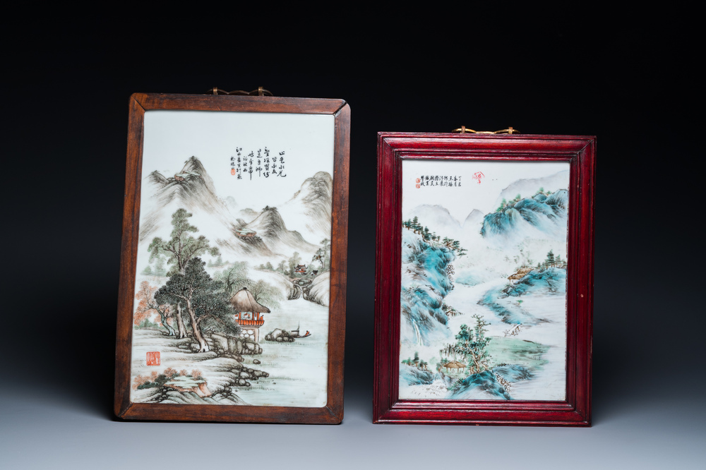Deux plaques en porcelaine de Chine qianjiang cai, sign&eacute;es Wang Yunshan 汪雲山 et Wang Shu 王樞, dat&eacute;es 1932 et 1937